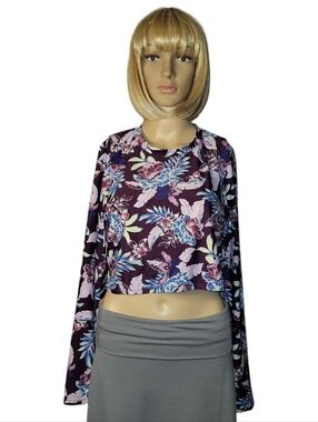 decree Long-Sleeve Crop Rash Guard, 0X/XL, Purple Floral, NWOT